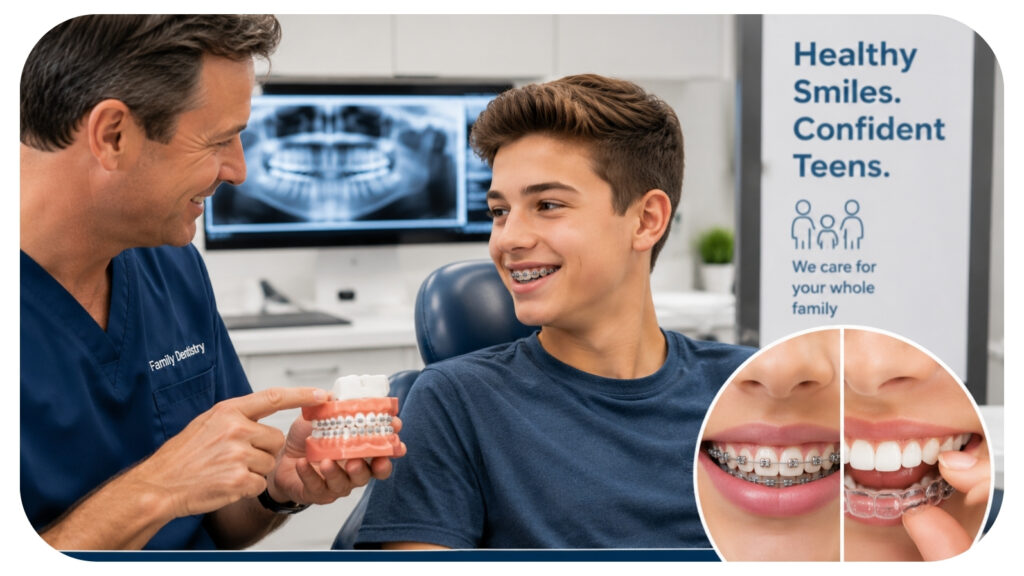 Family dentist discussing orthodontic treatment options with a teenage patient, showing braces and clear aligners while providing guidance on oral health, teen orthodontic care, smile alignment, and achieving healthy long term treatment results.