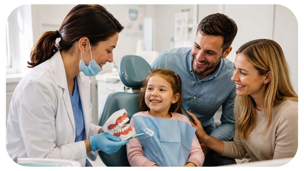 Family dentist teaching a young child and parents proper brushing techniques during a dental visit, highlighting early childhood oral care, cavity prevention, healthy dental habits, and preventive family dentistry.