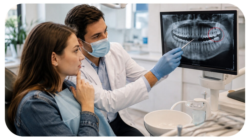 Dentist reviewing a dental X ray with a patient and identifying an early stage dental problem, demonstrating how general dentistry supports early intervention, preventive care, accurate diagnosis, and long term oral health protection.