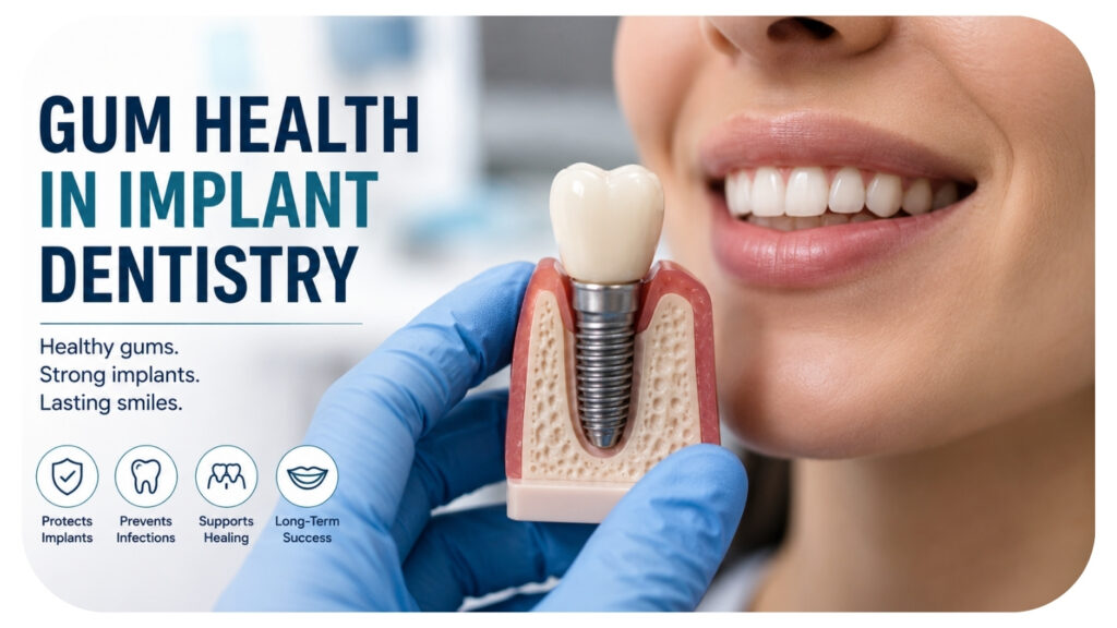 Close up of a healthy smile with a dental implant model demonstrating the importance of gum health in implant dentistry for healing implant stability infection prevention and long term oral health success.