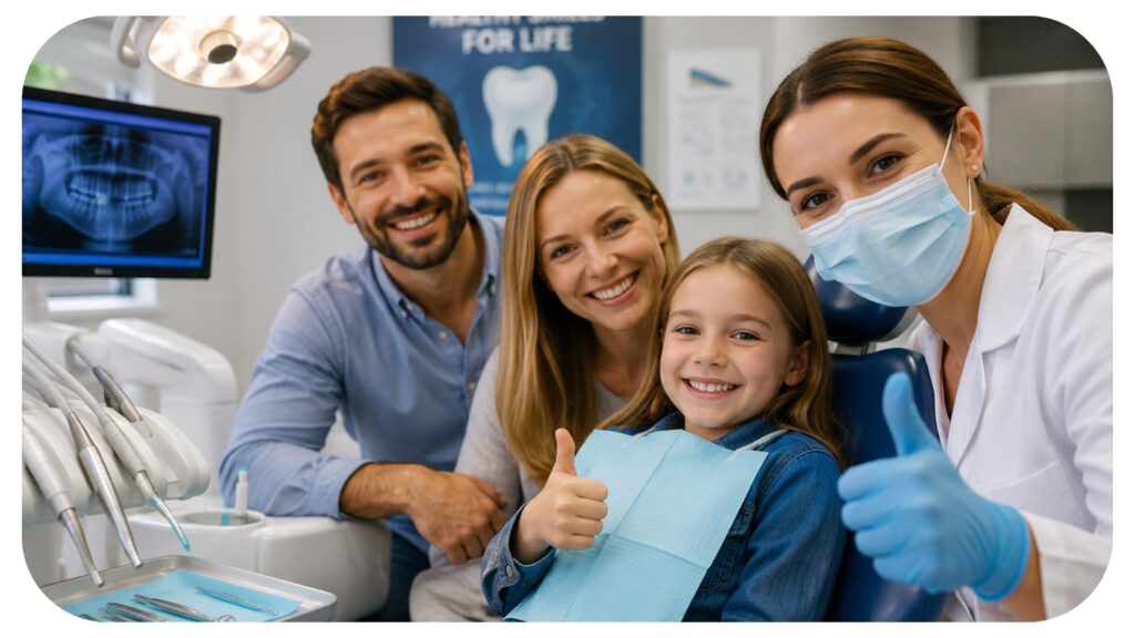 Family dentist with parents and child during a routine dental checkup, highlighting how family dentistry helps detect oral health issues early through preventive dental exams, regular screenings, cavity detection, and proactive care for lifelong healthy smiles.