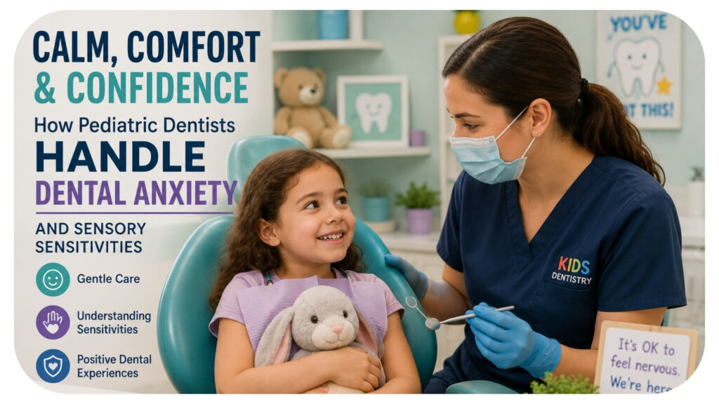 Pediatric dentist helping a young child feel comfortable during a dental visit, demonstrating techniques used to manage dental anxiety and sensory sensitivities through gentle communication, calming environments, child friendly care, and positive dental experiences.