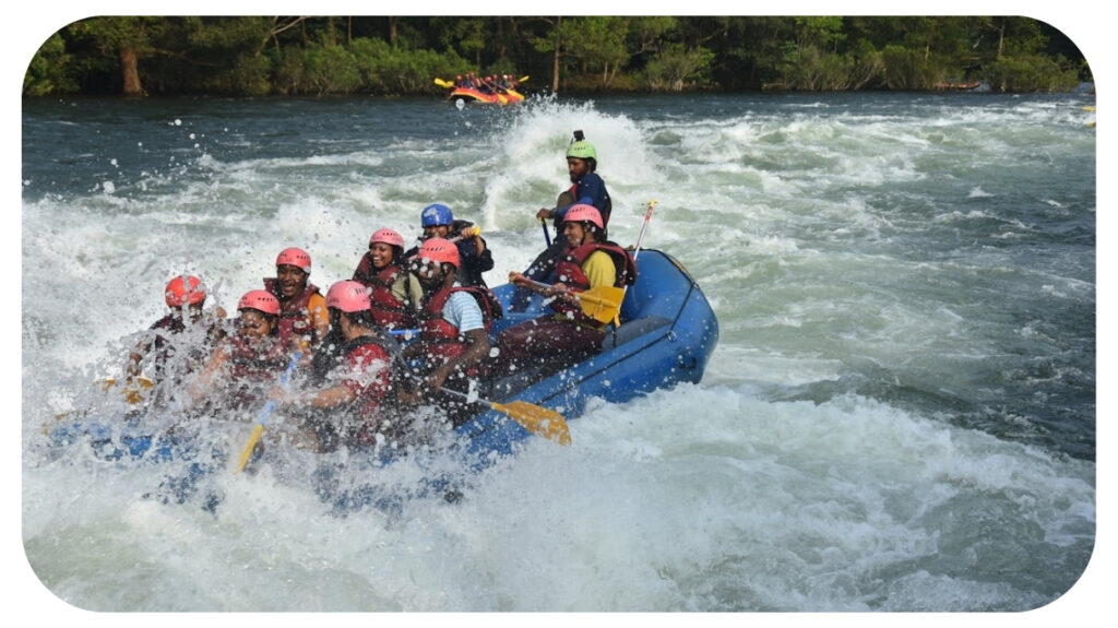 Group of adventure seekers enjoying river rafting through white water rapids while wearing safety gear, highlighting teamwork, outdoor recreation, thrilling water sports, and fun river rafting experiences.