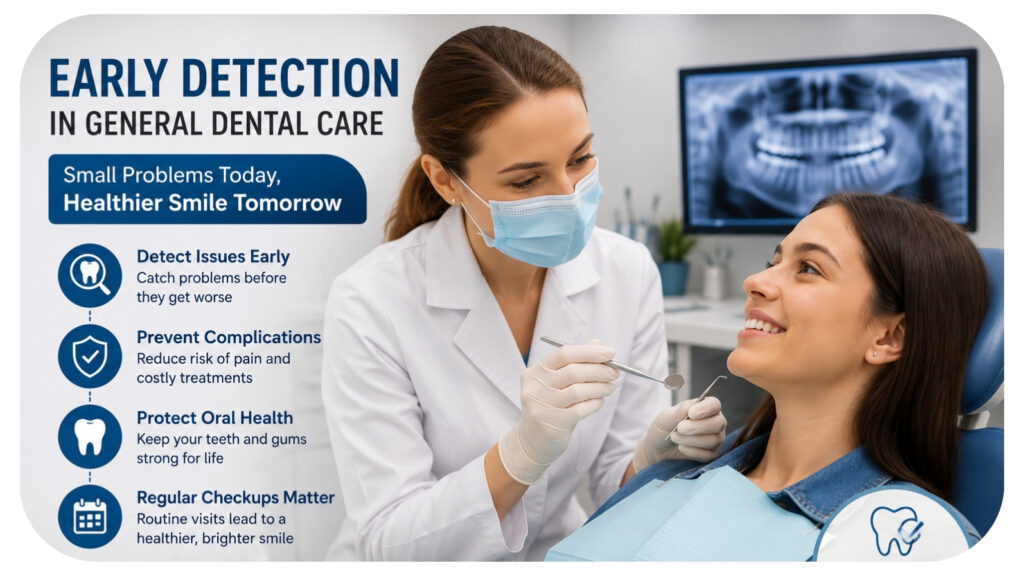 Dentist performing a routine dental examination while discussing preventive oral care with a patient, highlighting the importance of early detection in general dental care, regular checkups, timely treatment, cavity prevention, and long term oral health protection.