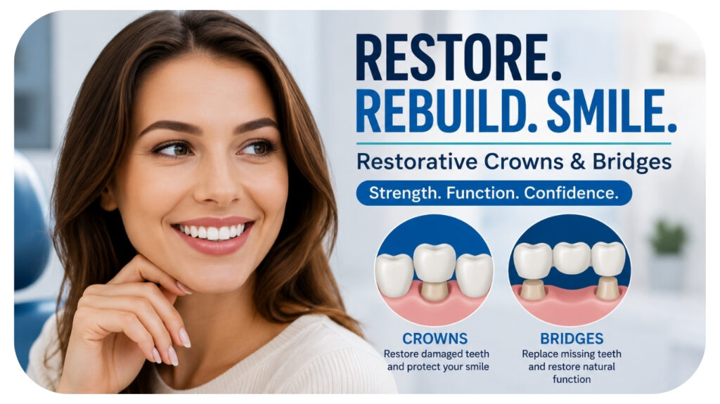 Smiling patient showcasing successful restorative dental treatment with crowns and bridges, highlighting improved tooth function, enhanced smile appearance, replacement of missing teeth, long lasting durability, and better overall oral health.