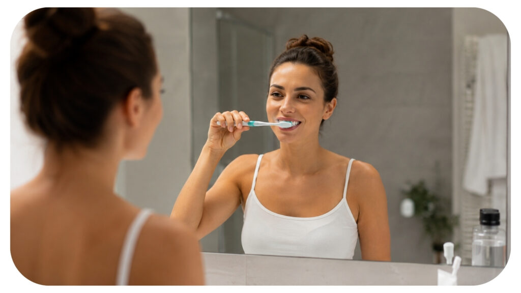 Woman brushing her teeth in a modern bathroom as part of a daily oral care routine, highlighting home care habits that help maintain cosmetic dentistry results, preserve a bright smile, and support long term dental health.