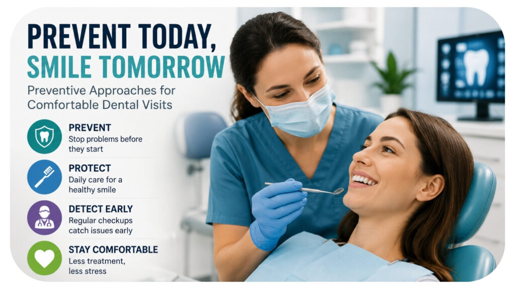 Dental professional providing preventive dental care to a relaxed patient during a routine checkup, highlighting preventive approaches that improve comfort during dental visits through early detection, regular oral care, reduced treatment needs, and a positive patient experience.