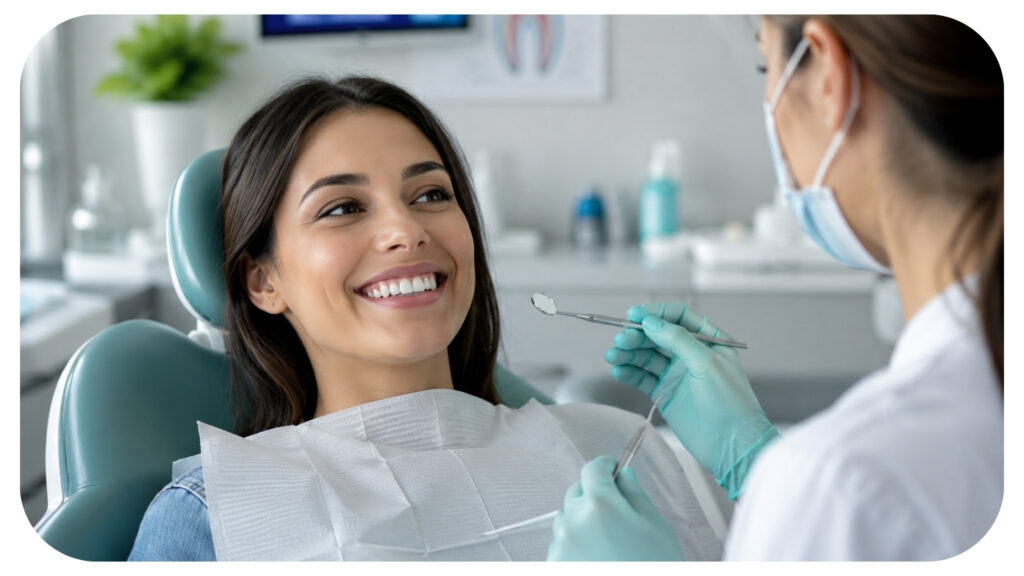 Smiling dental patient receiving preventive dental care in a modern clinic, highlighting the connection between preventive dentistry, aesthetic dental health, long term wellness, oral hygiene, and maintaining a healthy confident smile.