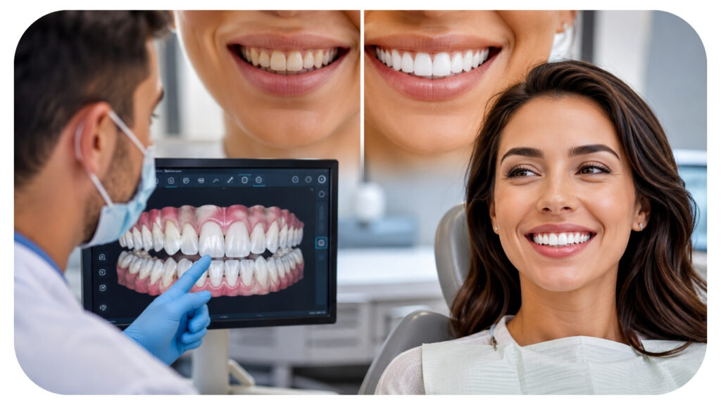 Dentist reviewing digital dental scans with a patient before a smile makeover, showing the connection between preventive dentistry, healthy gums, cosmetic dental treatments, and long lasting smile transformation results.