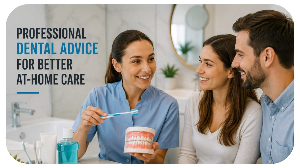 Dental professional demonstrating proper brushing techniques with a toothbrush and dental model to a couple, highlighting how professional dental advice improves at home oral care, daily oral hygiene, cavity prevention, healthy gums, and long term dental health.