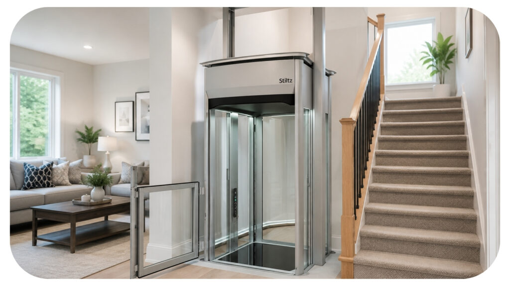 Modern residential wheelchair lift installed beside a staircase in a contemporary home, showcasing a space-saving home accessibility solution that improves mobility, independence, safety, and convenience for seniors and individuals with mobility challenges.