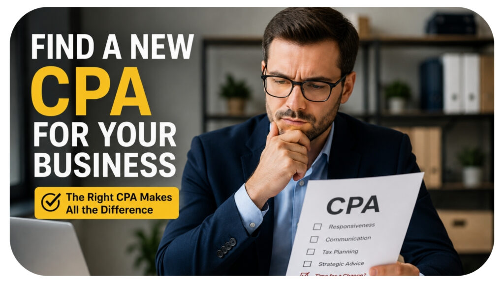 Business owner reviewing CPA performance and financial documents while evaluating whether to switch accountants, highlighting signs of poor communication, lack of strategic guidance, tax planning concerns, and the importance of choosing the right CPA for business growth and financial success.
