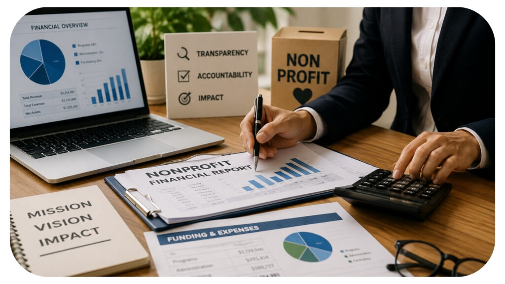 Nonprofit accountant reviewing financial reports budgets and funding statements while managing grants donor funds compliance requirements and financial transparency for a nonprofit organization.