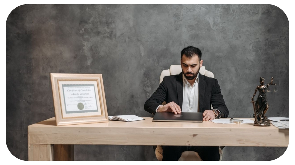 Personal injury attorney reviewing case documents in a law office, representing legal guidance, injury claims support, accident recovery assistance, and the importance of staying calm and seeking professional help after a personal injury.