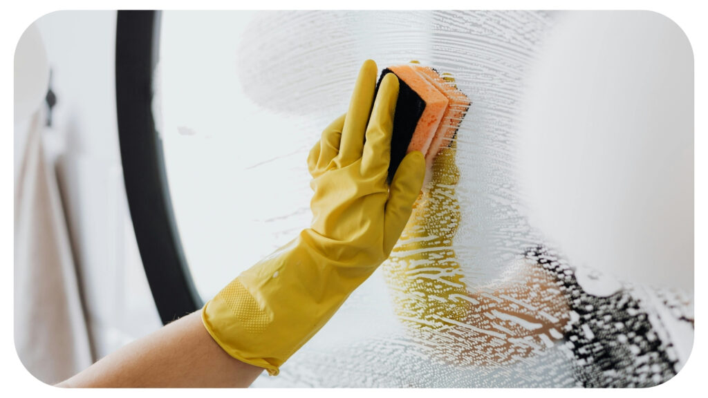 Person wearing yellow cleaning gloves wiping a bathroom mirror with a sponge, demonstrating time saving bathroom cleaning hacks, efficient cleaning routines, bathroom maintenance tips, and quick household cleaning solutions.