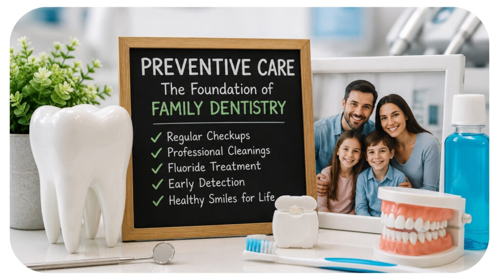 Preventive dental care essentials displayed in a modern dental clinic, including a tooth model, toothbrush, floss, mouthwash, and family photo, illustrating how preventive care in family dentistry supports early detection, regular checkups, healthy gums, cavity prevention, and lifelong oral health for the whole family.