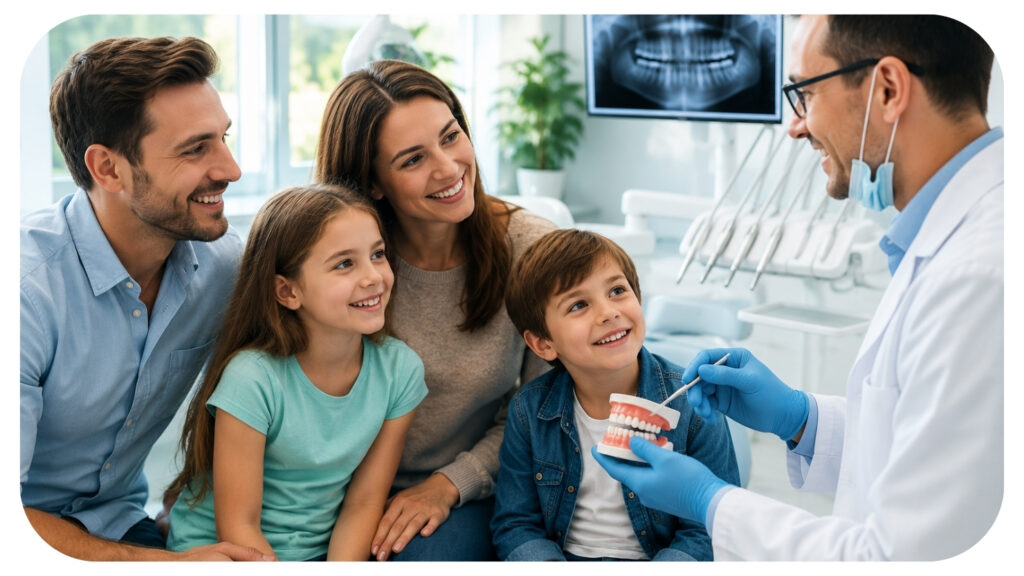 Family attending a preventive dental checkup with a dentist explaining essential preventive dental treatments, including routine dental exams, professional teeth cleaning, fluoride treatments, and dental sealants to help children and adults maintain healthy teeth, prevent cavities, and improve long-term oral health.