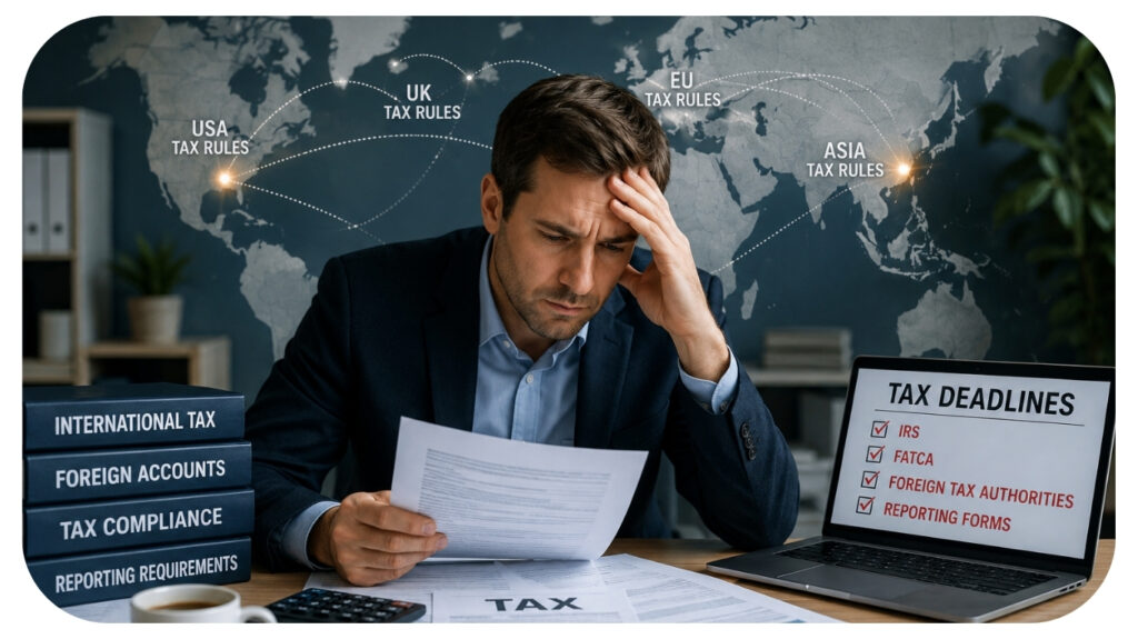 Realistic business professional analyzing international tax documents with world map, representing accounting firms providing international tax planning, cross-border tax compliance, foreign account reporting, transfer pricing, IRS filing support, and global tax advisory services for expanding businesses.