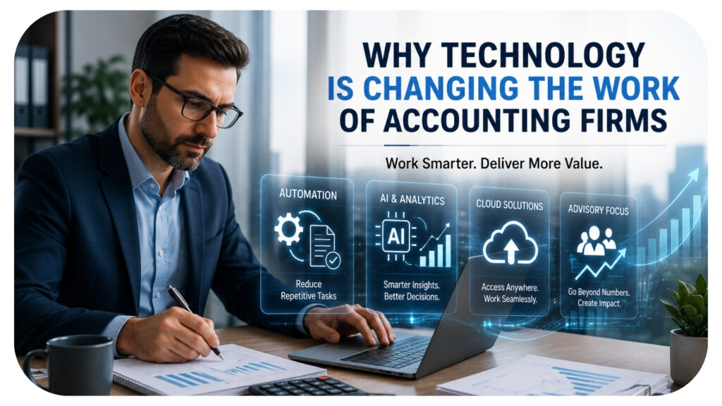 Accountant working at a laptop surrounded by digital panels showing automation, AI analytics, and cloud solutions.