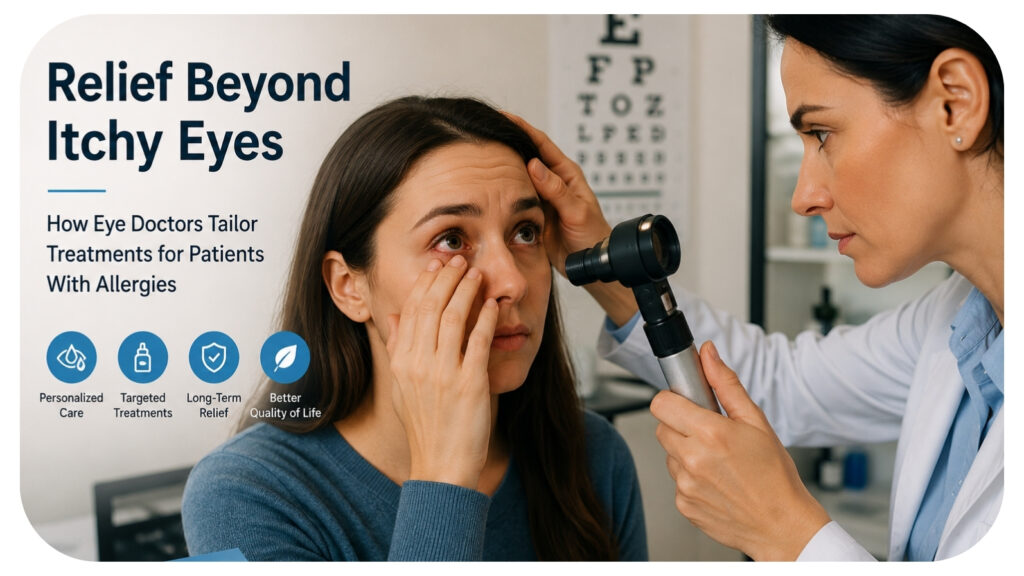 Eye doctor examining a patient's itchy, irritated eye with an ophthalmoscope during a personalized allergy treatment visit.