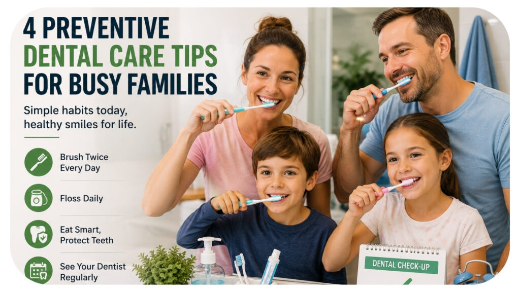 Family of four brushing teeth together in the bathroom as part of a busy family's preventive dental care routine.
