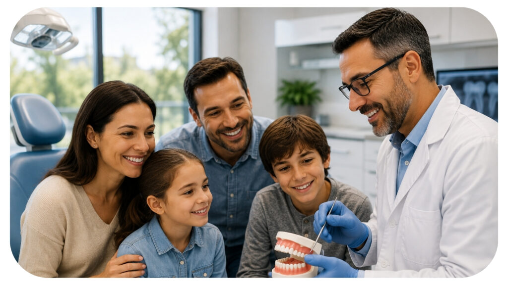 Family dentist using a tooth model to explain oral health to two smiling children and their parents at a checkup.