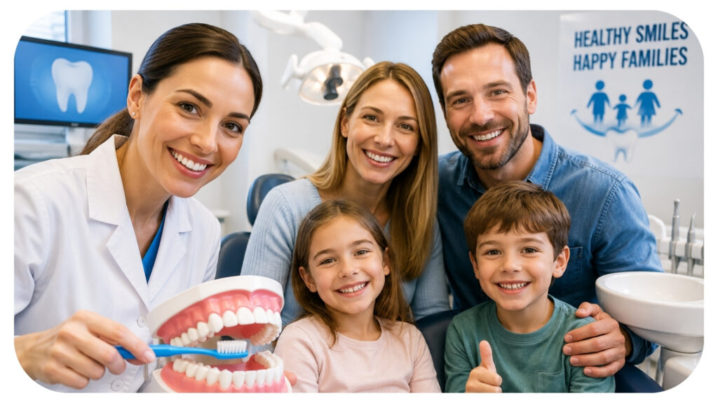 Family dentist showing a tooth model with a toothbrush to smiling parents and two children at a checkup.