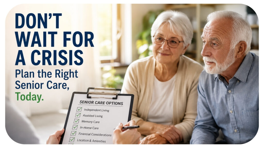 Senior couple meeting with a care advisor to evaluate senior care options, including assisted living, independent living, memory care, and long-term care planning. The consultation highlights how families can compare senior living communities, assess care needs, and make informed decisions before a crisis.