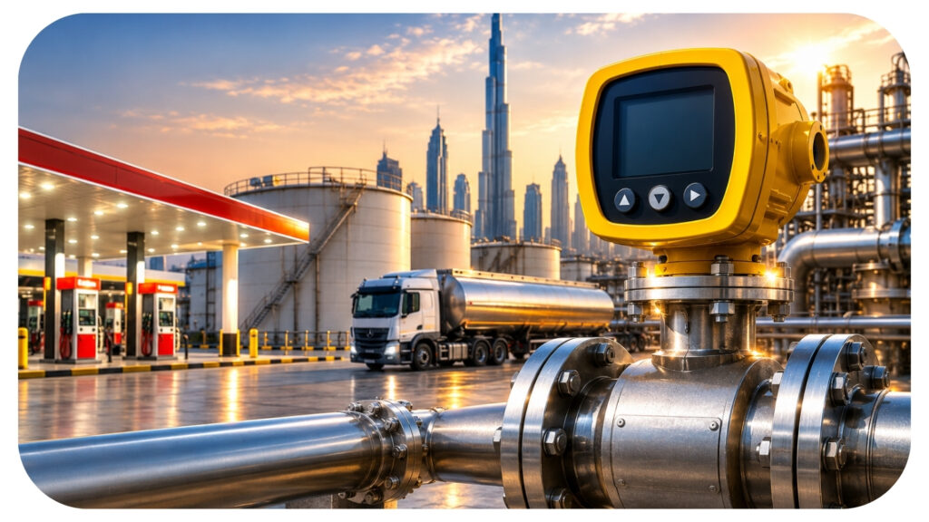 Digital flow meter installed on industrial piping at a fuel depot with the Dubai skyline in the background.