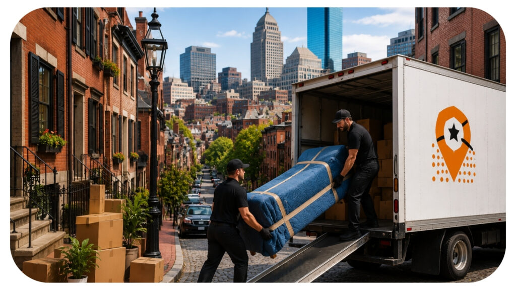 Movers carrying a wrapped mattress down a cobblestone Boston street lined with brownstones, loading a moving truck.