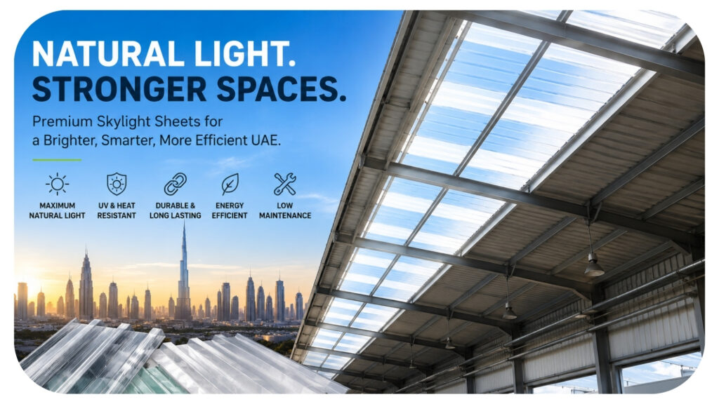Translucent polycarbonate skylight sheets installed on a warehouse roof allowing natural light, with Dubai skyline behind.