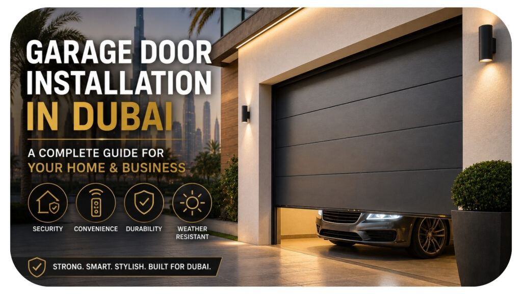 Modern sectional garage door installed on a luxury villa in Dubai with a car parked inside the open garage.