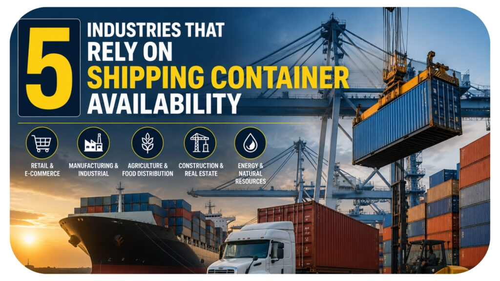 Cargo ship and crane loading shipping containers at a port, representing the industries that rely on container logistics.