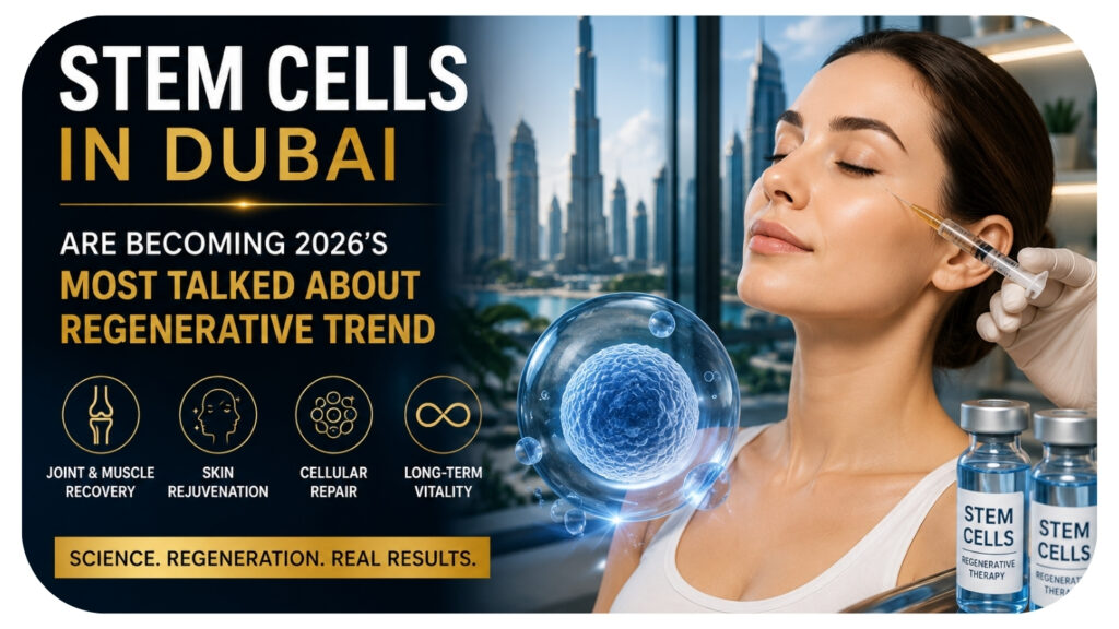 Woman receiving a facial stem cell injection at a Dubai clinic with the city skyline in the background.