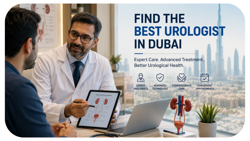Urologist reviewing a urological health diagram with a patient using a tablet during a consultation in Dubai.