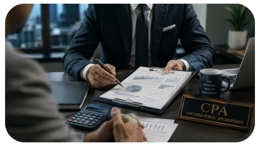 Certified Public Accountant consulting with a high net worth client in a modern office, reviewing financial reports, tax planning strategies, wealth management, estate planning, and investment documents to support long term wealth preservation and financial growth.