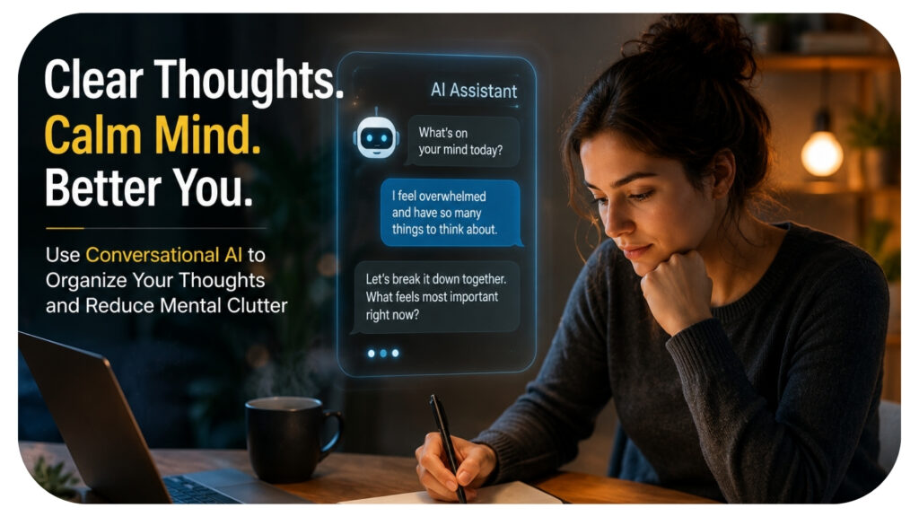 Woman writing in a notebook beside a conversational AI chat interface asking what is on her mind.