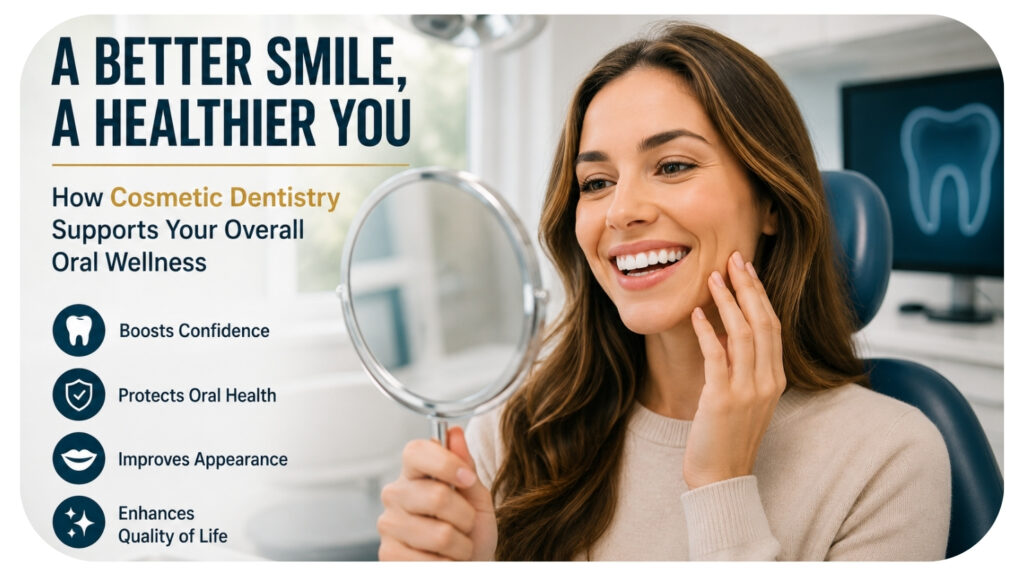 Smiling woman checking her teeth in a hand mirror at a dental office, representing cosmetic dentistry and oral wellness.