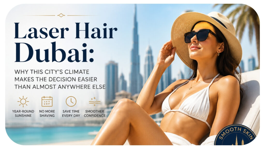 Woman relaxing poolside with the Dubai skyline behind her, representing smooth skin from laser hair removal.